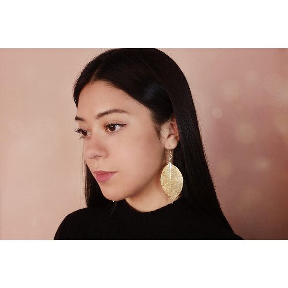 Gold Silver Rose Gold Leaf Jewelry for Women. Natural Leaf Earrings and Pendant - Picture 2 of 9